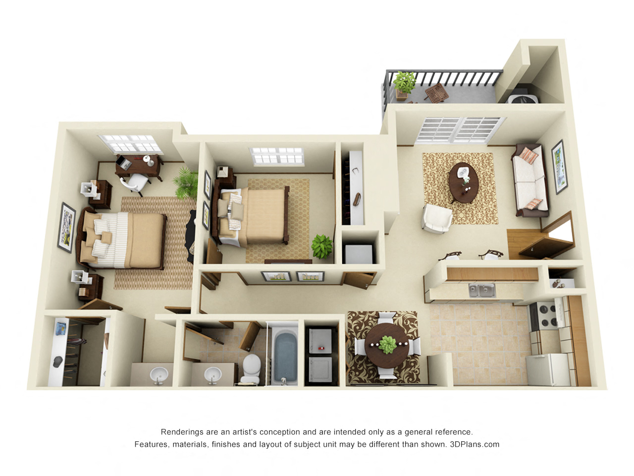 Floor plan for 2 beds, 1 bath, 1000 sqft